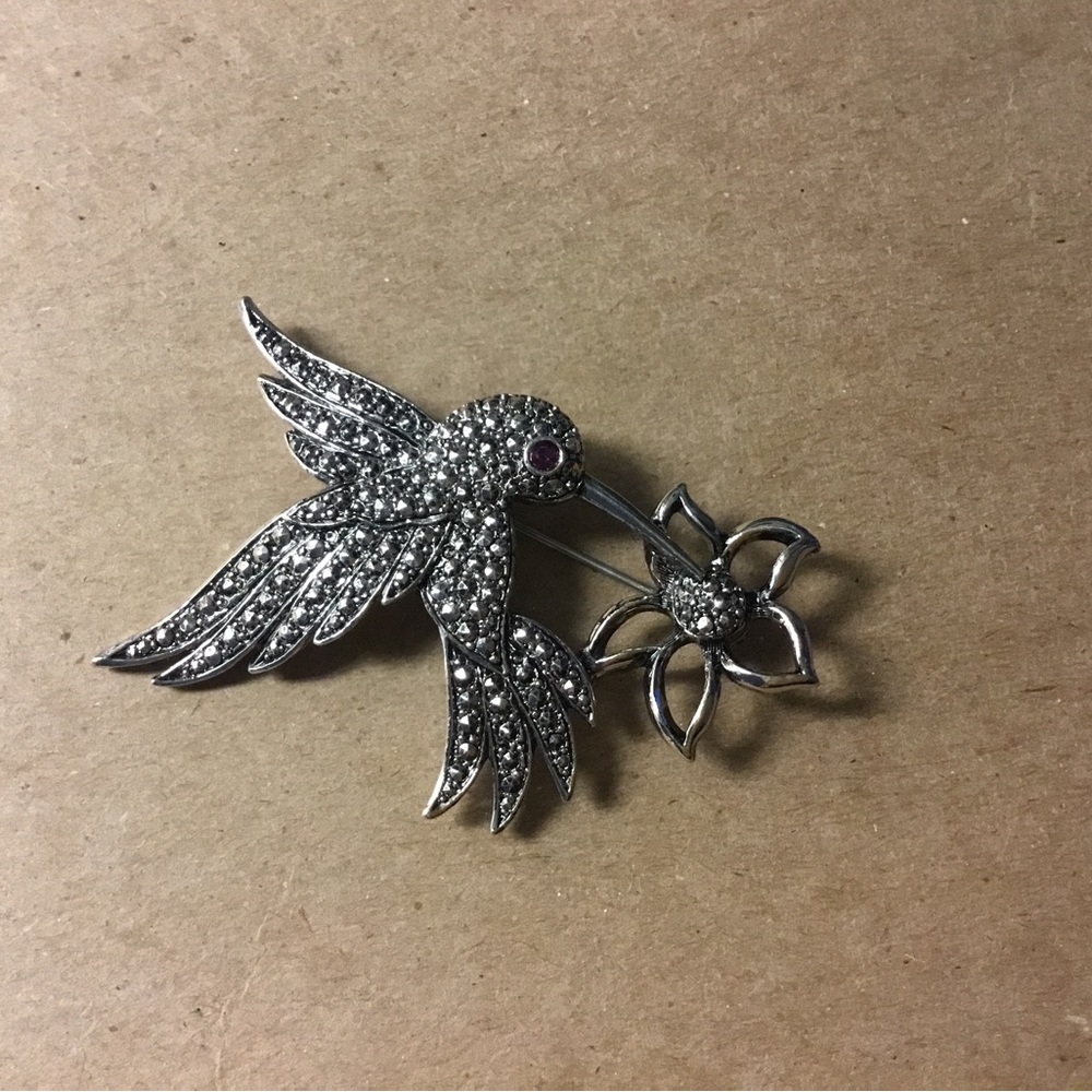 Vintage Hummingbird Flower Pin Faux Marcasite Purple Rhinestone signed Avon.